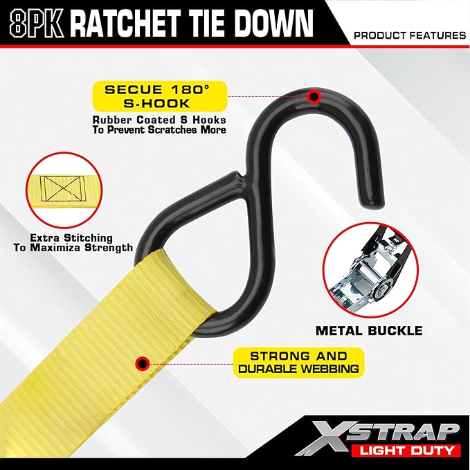 XSTRAP STANDARD Ratchet Tie Down Straps - 8PK - 1'' x 10 ft - 900 LB Break Strength Cargo Straps for Moving Appliances, Lawn Equipment, Motorcycle Yellow