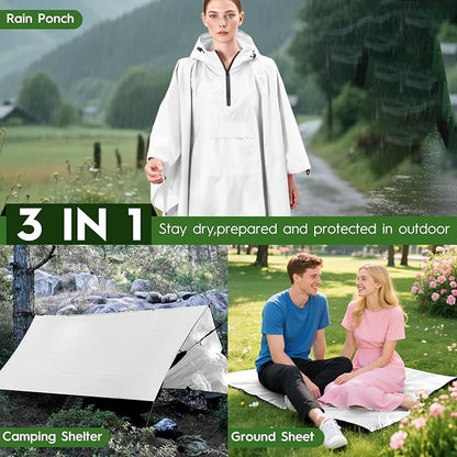 Bruvoalon 3-in-1 Rain Poncho with 1/4 Zip & Chest Pocket, Waterproof, Sunshade, Ground Mat for Adults & Youth Emergency
