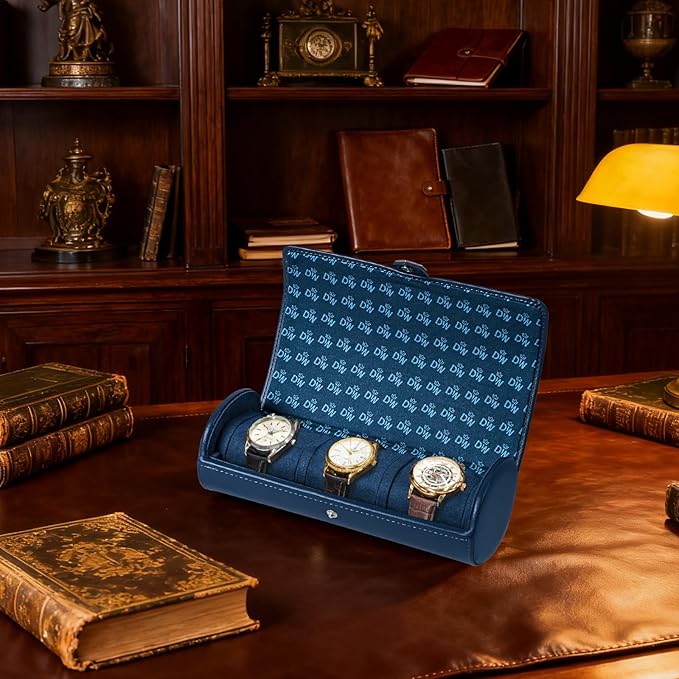DUKWIN Watch Roll for 3 Watches, Vegan Leather Travel Watch Case Organizer with Removable Pillows for Men and Women,Display Case for Watches Collection and Gift for Anniversary Birthday(Blue Storage)