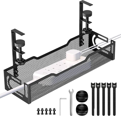 Under Desk Cable Management Tray, No Drill Mesh Desk Cable Tray, Wire Management Tray Cable Management Rack, Wire Organizer and Cable Management Box (Black)