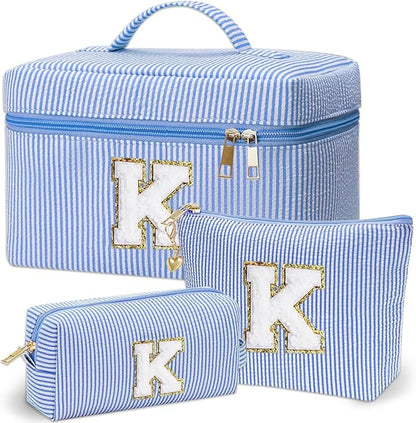 Personalized Monogram Makeup Bag, 3PCS Custom Monogrammed Toiletry Cosmetic Bag for 6-18 Teen Girls Women,Birthday Graduation Gifts Initial Pouch Makeup Bags for Women Girls, Make Up Bag (K, Blue)