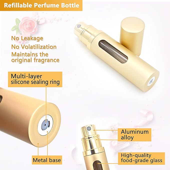 Perfume Travel Refillable Bottle - 2-Pack 5ML Pocket Perfume Atomizer, Travel Perfume Atomizer Refillable Perfume Spray Bottle (Black & Gold)