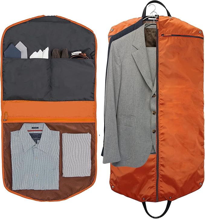 SkyHanger - Carry on Garment Bag with unique Titanium Suit Hanger for Men & Women - best-in-class functionality for wrinkle-free traveling - lightweight & water repellent nylon - Orange