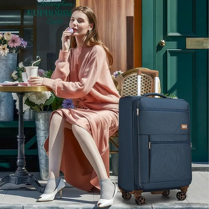 LARVENDER Luggage Sets 4 Piece, Softside Carry On Luggage Suitcase Set with 360° Spinner Wheels for Women Men(32/28/24/20) Navy Blue