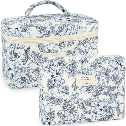 2Pcs Cotton Quilted Makeup Bag for Women Girls Floral Travel Large Small Cosmetic Bag Set Cute Vintage Flower Makeup Pouch Portable Toiletry Bag Organizer Coquette Aesthetic Makeup Brush Bag