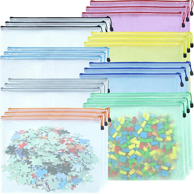 24pcs Mesh Zipper Pouch Bags, A3 16.5x12.5 Inches Large Reusable Zipper Pouches Waterproof Zipper Pouches for Office Supplies, Puzzles, Board Game, School, Travel Accessories& Craft Projects