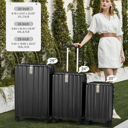 Hanke Hardshell Luggage Sets 3 Piece Extra Large Suitcases with Lock,28 Inch Luggage with Spinner Wheels, PC Travel Suitcase for Women Men 20 24 29Inch,Jet Black