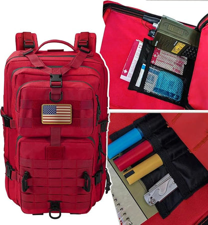 MOLLE Assault Backpack, Tactical Backpack Military Army Camping Rucksack, 3-Day Pack Trip w/USA Flag Patch, D-Rings, Red