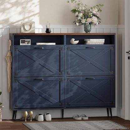 Shoe Storage Cabinet with 4 Flip Drawers Narrow Shoe Rack Cabinet Farmhouse Design Freestanding Shoe Organizer with Open Storage for Entryway,Hallway,Foyer,Blue Walnut