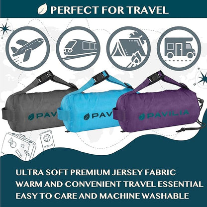 PAVILIA Travel Blanket Airplane Compact with Bag, Soft Packable Plane Blanket Kids Adults, Portable Camping Flight Essentials, Travelers Gifts Accessories, Luggage Backpack Strap, 65x40 Teal Blue