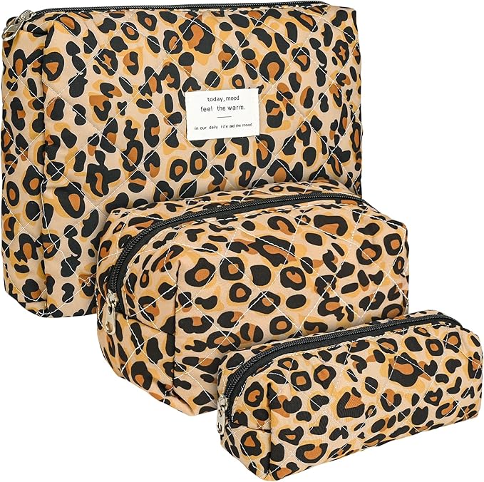 Quilted Makeup Bag Set,3 Pcs Puffy Cosmetic Bags Aesthetic Make Up Bags,Small Zipper Pouch,Travel Toiletry Bag Purse Organizer Pouches for Women (Leopard-Print)