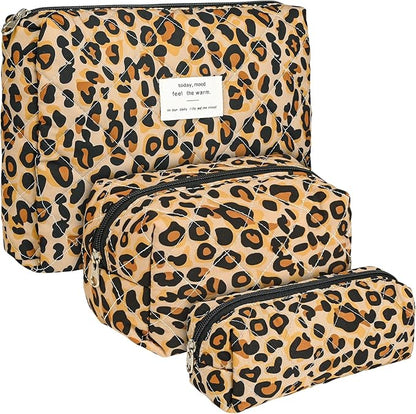 Quilted Makeup Bag Set,3 Pcs Puffy Cosmetic Bags Aesthetic Make Up Bags,Small Zipper Pouch,Travel Toiletry Bag Purse Organizer Pouches for Women (Leopard-Print)