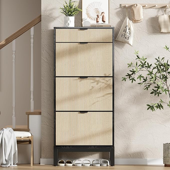 GAOMON Shoe Cabinet with 3 Flip Drawers, Entryway Cabinet with Adjustable Shelves, Accommodate 12 to 18 Pair of Shoes, Space-Saving Slim Shoe Cabinet for Entryway, Hallway, Front Door, Black Oak