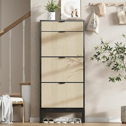 GAOMON Shoe Cabinet with 3 Flip Drawers, Entryway Cabinet with Adjustable Shelves, Accommodate 12 to 18 Pair of Shoes, Space-Saving Slim Shoe Cabinet for Entryway, Hallway, Front Door, Black Oak