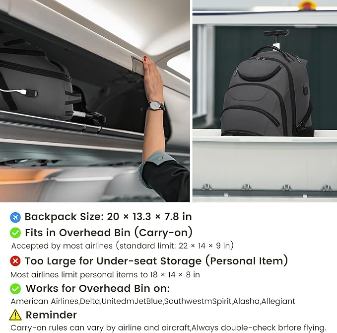 Boavan Rolling Backpack,17 inch Water Resistant Wheeled Backpack,Carry on Luggage Business Bag, Overnight College Computer bag Trolley Suitcase for Men Women Adults to Travel，Grey