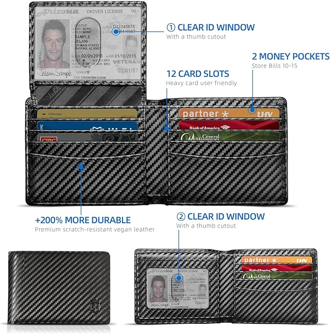 Zitahli Wallet for Men 12 Card Holder Slim Rfid Leather 2 ID Window Wallets With Gift Box Men's Accessories