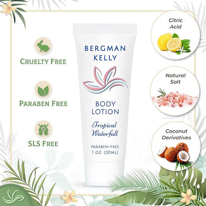BERGMAN KELLY Hotel Toiletries Bundle (Tropical Waterfall, 1 oz each, 100 Pieces) 4-Piece Set: 25 Round Bar Soap, 25 Shampoo, 25 Conditioner & 25 Body Lotion - Bulk Mini Guest Amenities Supply