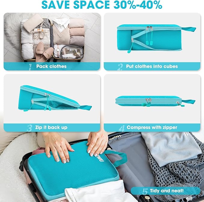 8 Set Compression Packing Cubes for Travel, Expandable Compression Cubes for Suitcases, Lightweight Suitcase Organizer with Shoes & Laundry Bags, Travel Accessories for Men Women