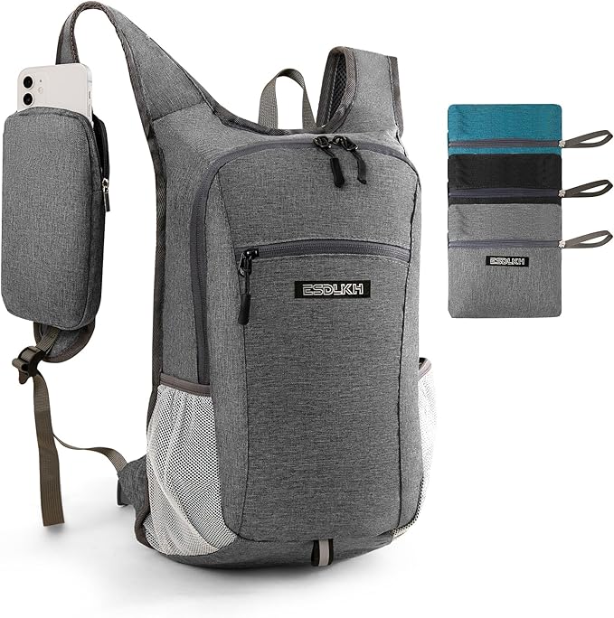 Small Hiking Backpack with Detachable Front Phone Holder, Foldable Packable Back pack with Chest and Waist Strap, Lightweight Daypack for Women Men (Gray, 15L)