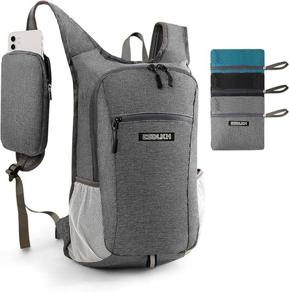 Small Hiking Backpack with Detachable Front Phone Holder, Foldable Packable Back pack with Chest and Waist Strap, Lightweight Daypack for Women Men (Gray, 15L)