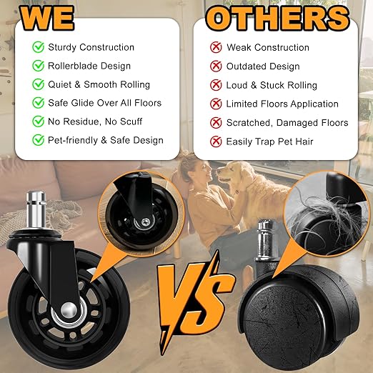Office Chair Wheels for Casters Replacement - 3" Rubber Wheels for Computer Gaming Desk Caster Smooth & Safe Rolling for All Floors Including Hardwood and Carpet - Set of 5 - Black