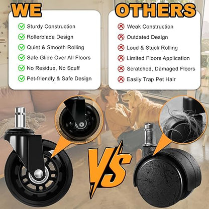 Office Chair Wheels for Casters Replacement - 3" Rubber Wheels for Computer Gaming Desk Caster Smooth & Safe Rolling for All Floors Including Hardwood and Carpet - Set of 5 - Black