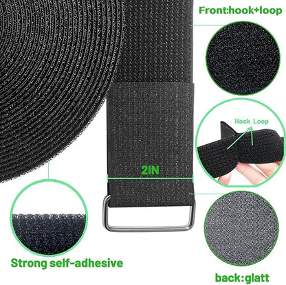 2inx32ft Hook and Loop Cable Straps with 25 Metal Buckles, Adjustable Fastening Straps, Reusable Free Cut Length Cord Straps