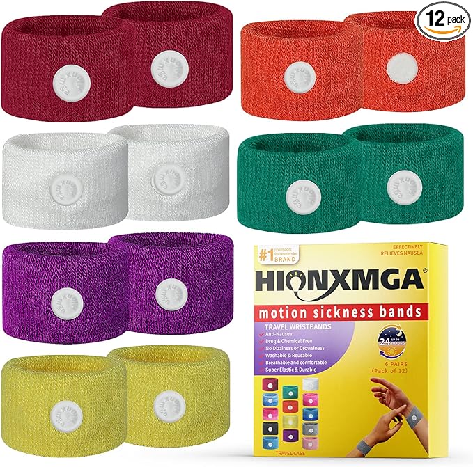 6 Pairs Motion Sickness Bands – Natural Anti Nausea Acupressure Wristbands for Morning & Motion Sickness Relief – Ideal for Car, Cruise & Flight Travel – for Adults and Kids