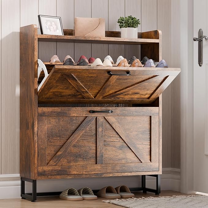 Betterhood Entryway Shoe Cabinet with 2 Flip Drawers, Slim Shoe Rack Cabinet, Freestanding Hidden Shoe Organizer Cabinet with Metal Legs, Shoe Cabniet for Entryway with Storage, Hallway, Foyer, Brown