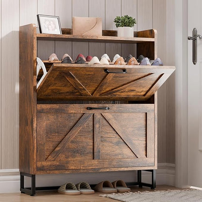 Betterhood Entryway Shoe Cabinet with 2 Flip Drawers, Slim Shoe Rack Cabinet, Freestanding Hidden Shoe Organizer Cabinet with Metal Legs, Shoe Cabniet for Entryway with Storage, Hallway, Foyer, Brown