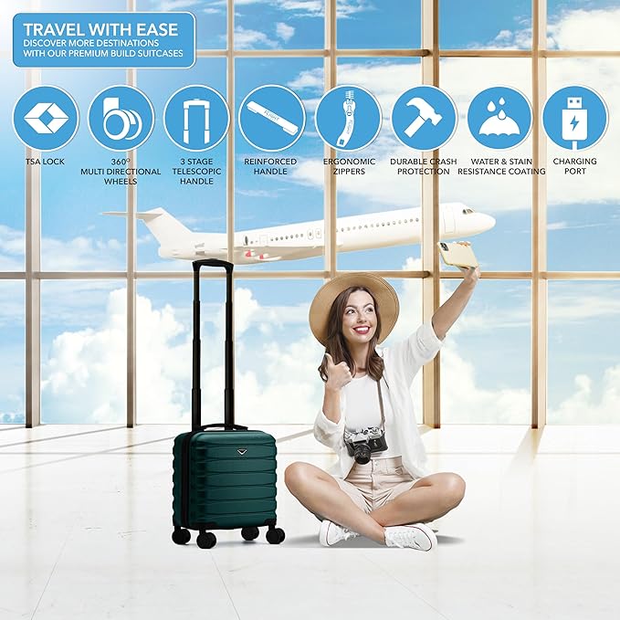 Flight Knight Carry On Suitcase 16.25x13.5x8 Hardside TSA Lock & USB Port Lightweight Luggage Silent Double Spinner Wheels Maximum Underseat Carry-On Bag For Virgin & South West Approved Airlines