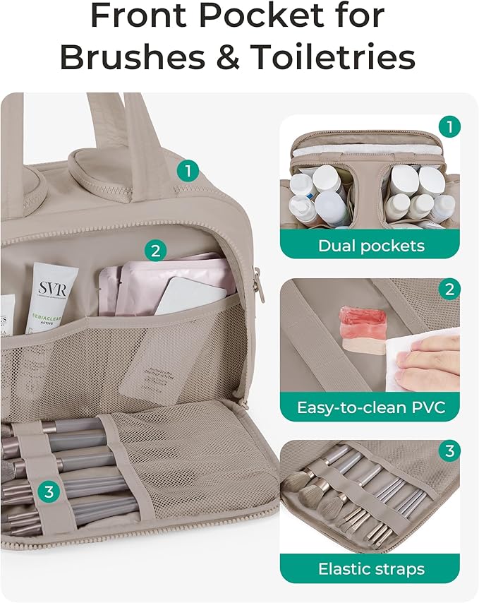BAGSMART Travel Toiletry Bag, Crush Toiletry Bag for Women, Wide-open Puffy Toiletry Bags for Traveling, Large Travel Cosmetic Makeup Bag Organizer for Accessories,Toiletrie, Grayish Brown