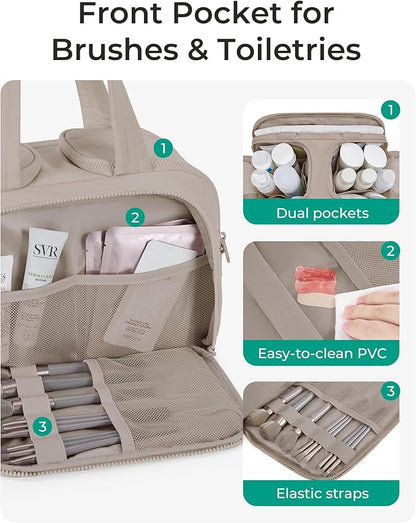 BAGSMART Travel Toiletry Bag, Crush Toiletry Bag for Women, Wide-open Puffy Toiletry Bags for Traveling, Large Travel Cosmetic Makeup Bag Organizer for Accessories,Toiletrie, Grayish Brown