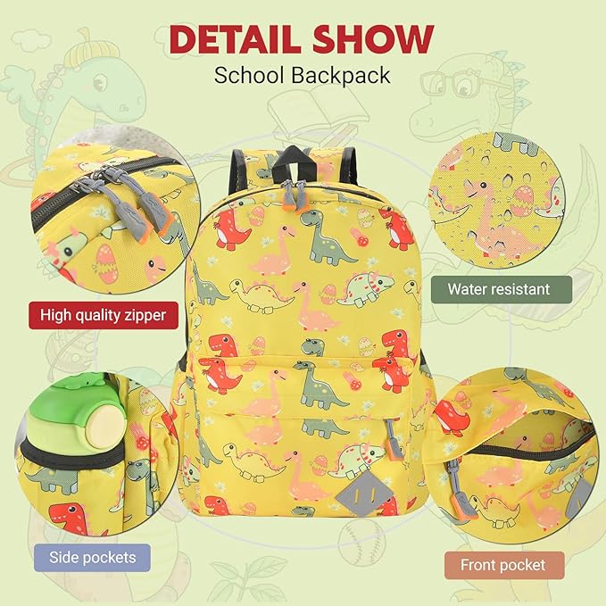Kids Backpack for Girls Boys - 15 Inch Dinosaur Childrens Backpack Cute School Bag Kindergarten Backpack for Ages 3-8, Yellow