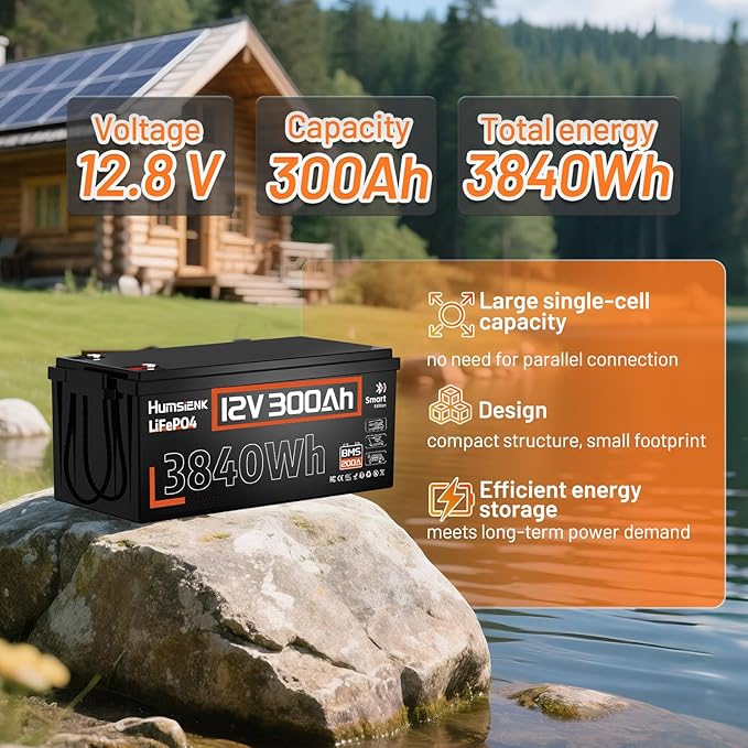 HumsiENK Bluetooth 12V 300Ah LiFePO4 Lithium Battery, 200A BMS with Low-Temp Cutoff, Max. 2560W Stable Power Output, 15000+ Deep Cycles Battery for RVs, Marine, Home Energy Storage, Off-Grid Living