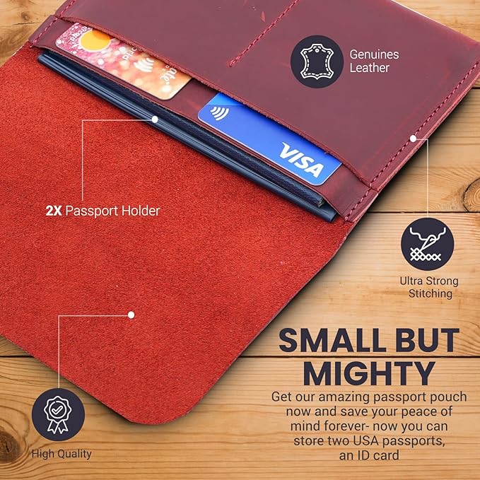 Leather Passport Holder with Travel Wallet, Genuine Leather Passport Cover- Passport Wallet, Leather Folding Wallet for Passports (Strap, Red)