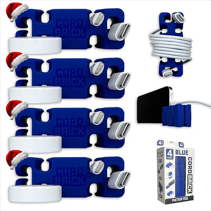 CordBrick Stocking Stuffers for Adults Cord Management Weighted Cord Holder Cable Wrap Phone Stand - Multiuse Gadget Organizer for Nightstand, Desk. Gift for Men, Durable Silicone. 4 pk Blue