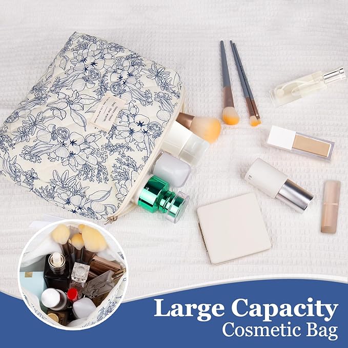 2PC Makeup Bag Set, Cute Cosmetic Bag for Women Girls, Floral Coquette Aesthetic Toiletry Bag, Travel Make Up Organizer Bag (Purple Peacock Flower)