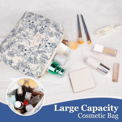 2PC Makeup Bag Set, Cute Cosmetic Bag for Women Girls, Floral Coquette Aesthetic Toiletry Bag, Travel Make Up Organizer Bag (Brown Checked)