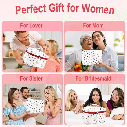3Pc Cotton Quilted Makeup Bag for Women Extra Large Coquette Small Floral Travel Cosmetic Bag Set Cute Cherry Makeup Pouch Portable Toiletry Bag Organizer Vintage Puffy Essential Storage Bag