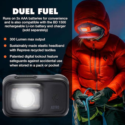 BLACK DIAMOND Astro 300 Headlamp | 300 Lumens | 3X AAA Batteries Included | Compact, Lightweight for Camping, Hiking & Climbing (Ops Black)