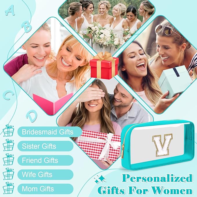 Personalized Initial Letter Clear Makeup Bag,Preppy Small Nylon&PVC Cosmetic Zipper Bag with Chenille Letter,Portable Beach Travel Skincare Toiletry Bag,Trendy Monogram Gift for Teen Girls Women,V