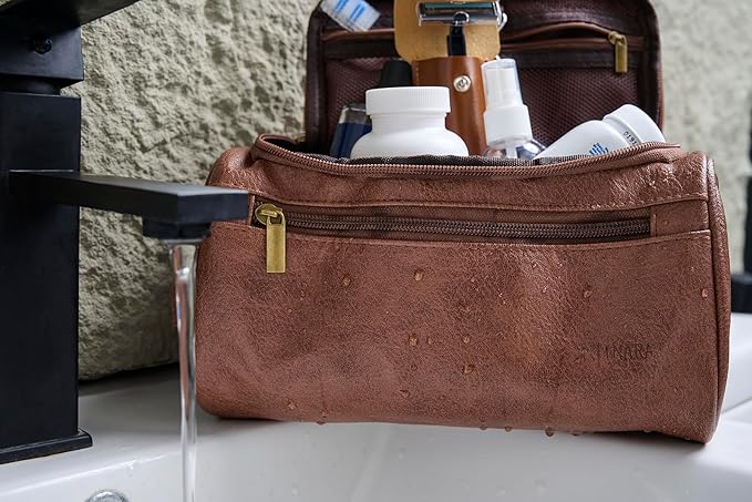 MINARAI-Mens Toiletry Bag with Razor Case–Premium Leather-Look Hygiene Bag for men with Wide-Open Access,Hanging Design,and Strong Structure–Built for Travel, Gym, and Everyday Organization–DARK BROWN