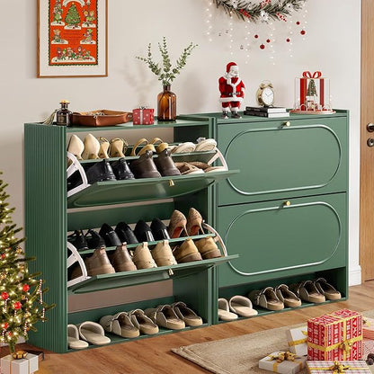 ORRD Shoe Storage Cabinet with 2 Flip Drawers Set of 2, Wood Narrow Shoe Cabinet for Entryway, Fluted Hidden Shoe Organizer, Freestanding Slim Shoes Cabinets for Foyer, Hallway-Green