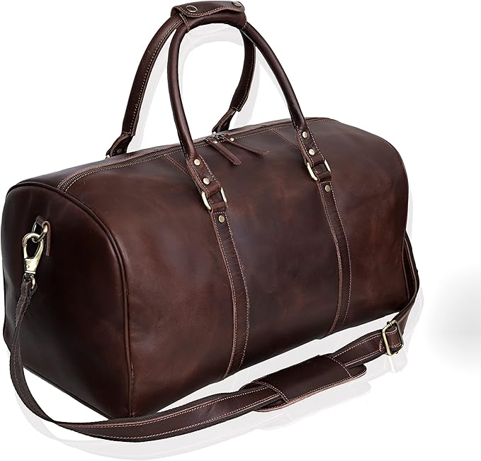 Leather Travel Bag,Weekender Overnight Bag Leather Large Carry On Bag Travel Tote Duffel Bag for Men & Women (Dark Brown)