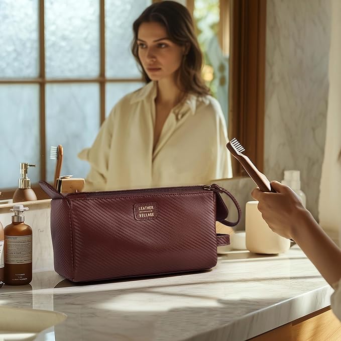 LEATHER VILLAGE Premium Carbon Fiber Genuine Leather Travel Toiletry Bag - Large Dopp Kit, Water-Resistance Bathroom & Shaving Organizer for Men & Women - Brown