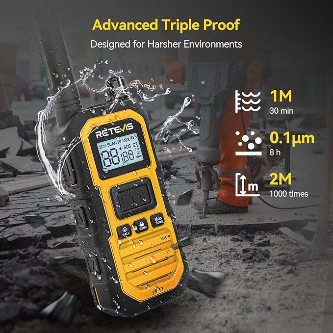 Retevis RB48 Plus IP67 Waterproof Heavy Duty Long Range Walkie Talkies, GMRS Radio, Construction Jobsite Two Way Radio, NOAA, Shock Resistant, Dual PTT, Vibration Reminder(4 Pack)