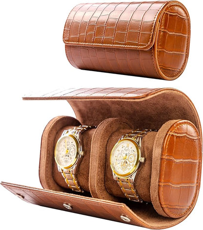 MR.OKAY 2 Watch Travel Case- Classic Leather Watch Case With Superb Texture.(Portable Watch Roll Or Organizer For Storage And Display).Festival Gift For Men, All Handcrafted By Artisans.