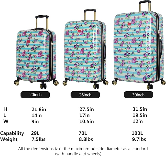 Betsey Johnson Luggage Hardside 3 Piece Set Suitcase With Spinner Wheels (20" 26" 30") (One Size, Flamingo Strut)… (Stripe Floral Hummingbird)