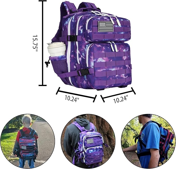 25L Tactical Backpack Military Tactical Backpack for Men and Women Small Assault Pack Outdoor Travel Hiking Camping Rucksack with Molle Webbing (Purple Camo)
